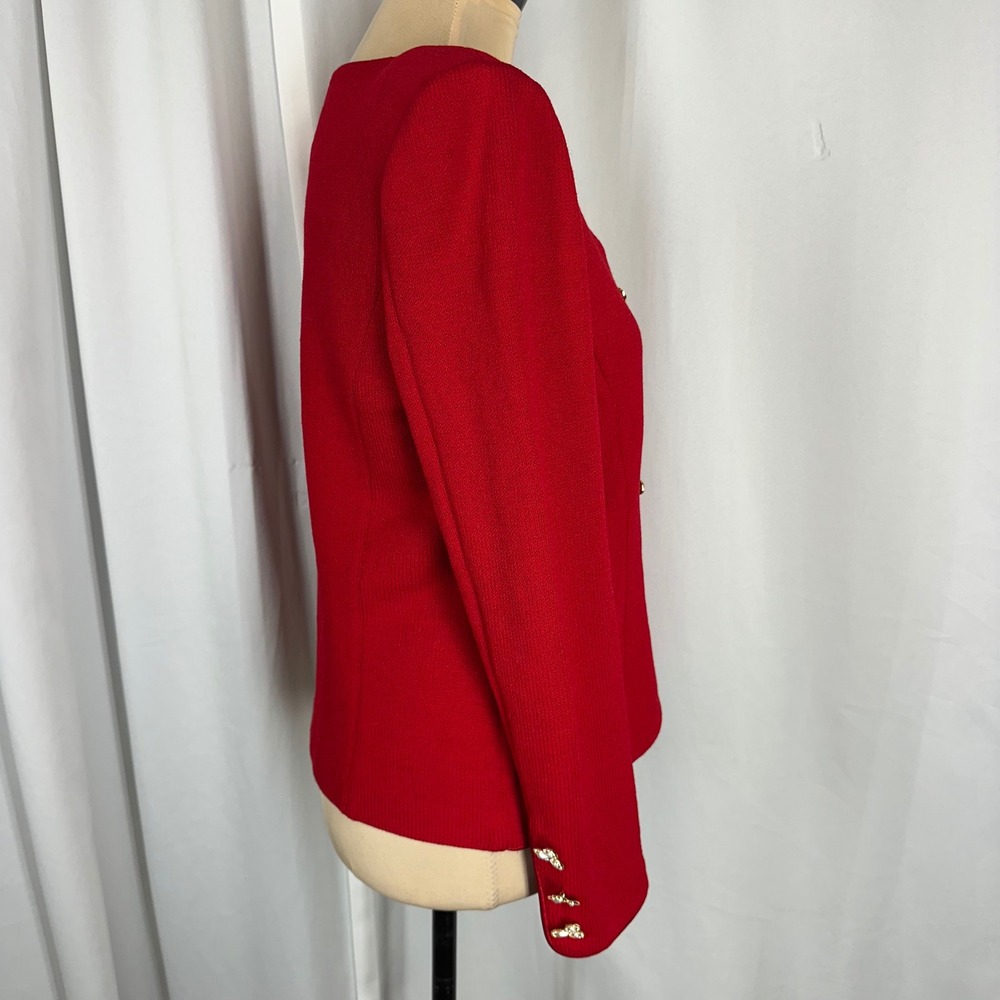 St. John Evening Red Santana Knit Jacket Gold Jeweled Hook Closures Sz 2 (S) - Picture 4 of 12